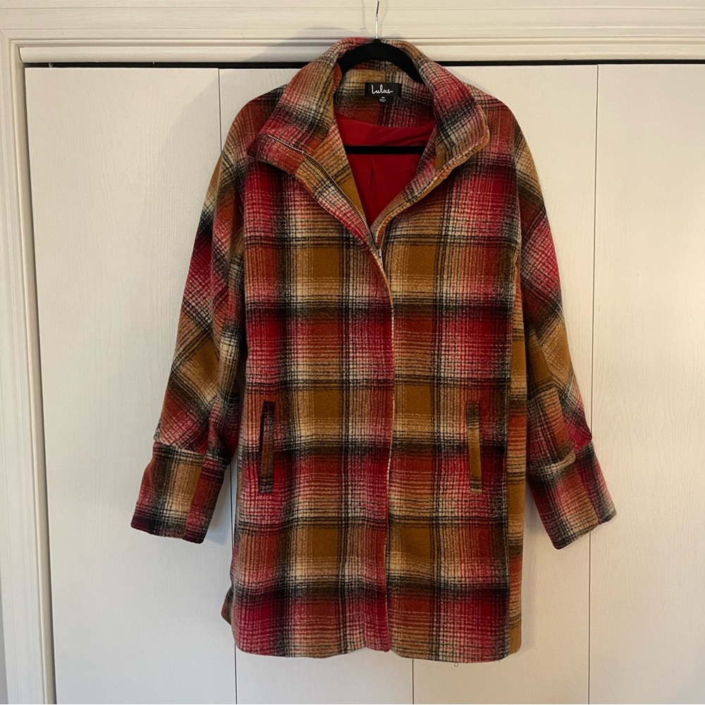 Lulu's Plaid Pea Coat - Red, Yellow, Black